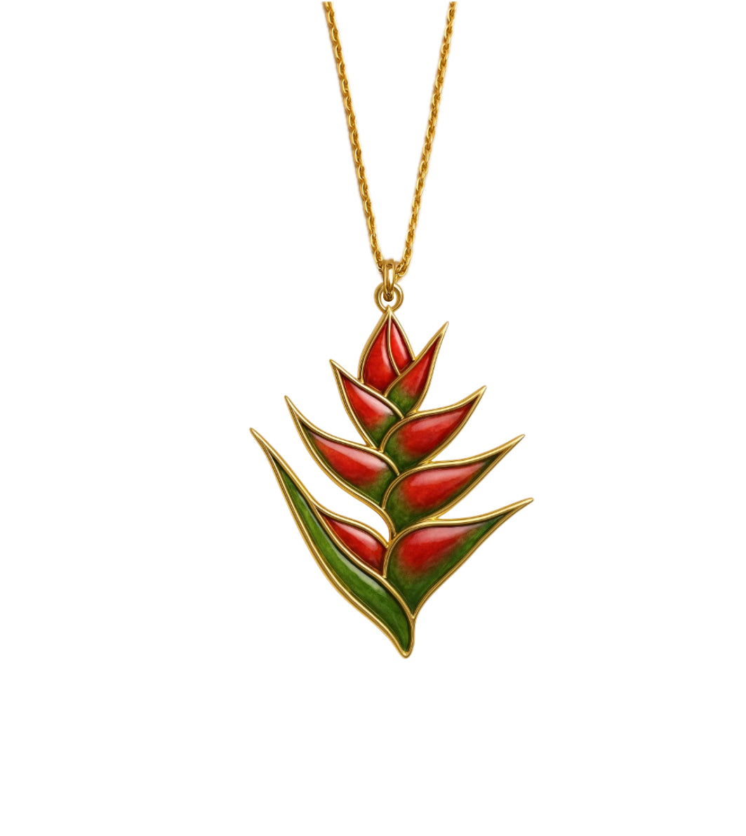 Pendentif en forme de balisier, fleur tropicale emblématique, réalisé en métal doré avec émail rouge et vert. Bijou élégant suspendu à une chaîne dorée, représentant la beauté exotique et la symbolique de la résilience et du rayonnement intérieur.

Collier pendentif balisier tropical en métal doré et émail rouge et vert, bijou inspiré de la nature et des fleurs exotiques.

pendentif balisier
collier fleur tropicale
bijou exotique doré
collier émaillé rouge et vert
collier fleur Martinique
nature